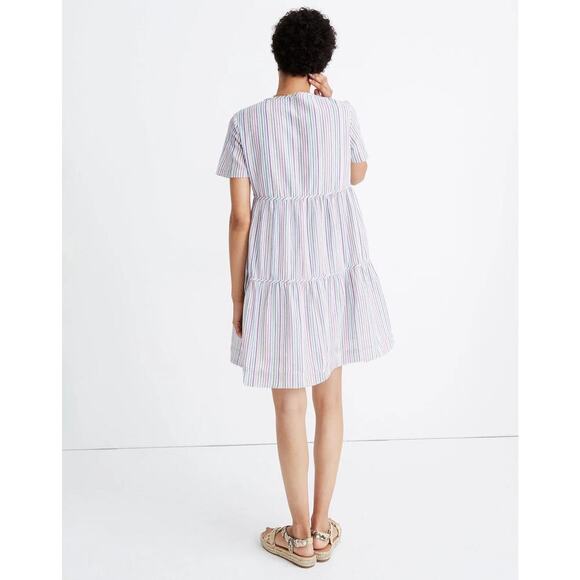 Madewell Womens sz M Striped Crewneck Button-Front Tiered Mini Dress 100% Cotton - Picture 2 of 10